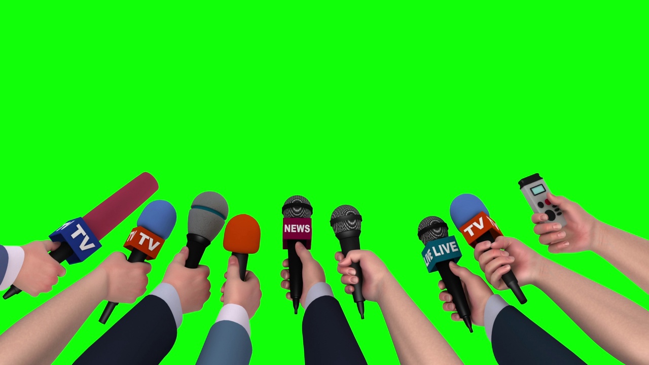 麦克风在记者手中的绿色背景，3D动画视频素材