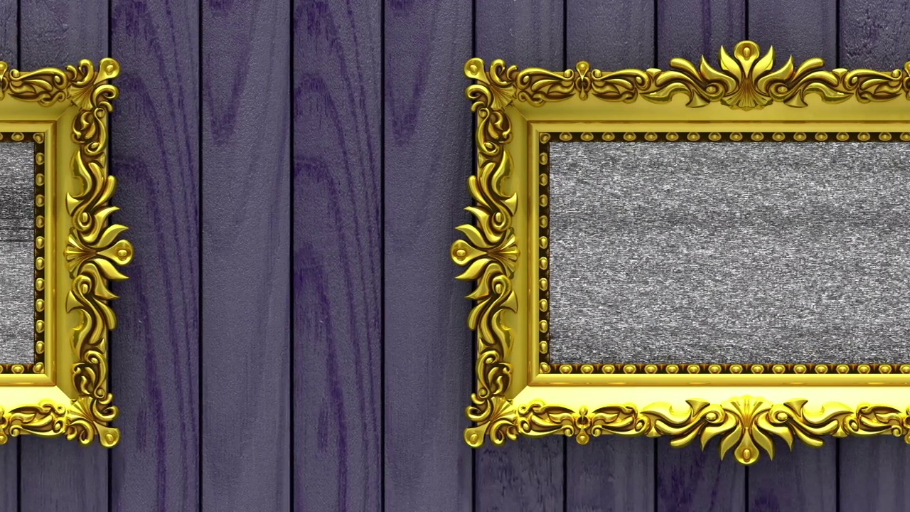 相机沿着紫色木质背景上的金色相框移动。无缝循环3d动画。带电视噪音和绿色屏幕的模型。视频下载