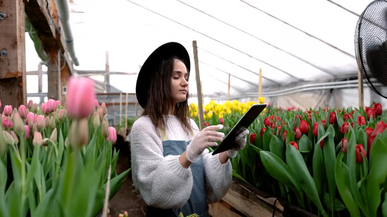 一名戴着帽子的女花商在花店里观察植物的健康状况，一名妇女在用微生物扫描片。漂亮女人在网上卖植物视频素材