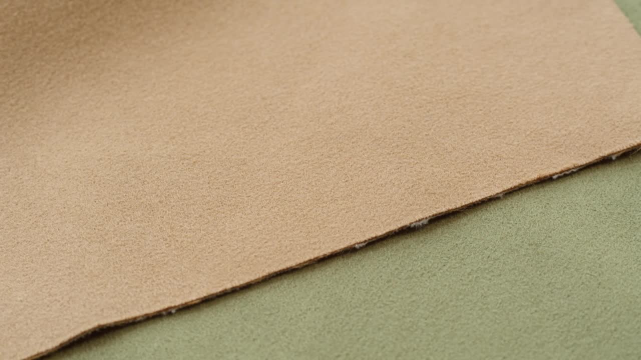 米色和浅绿色织物特写。柔软的天鹅绒质感，抽象的背景。制衣行业及服装理念，手工缝制。纺织材料视频下载