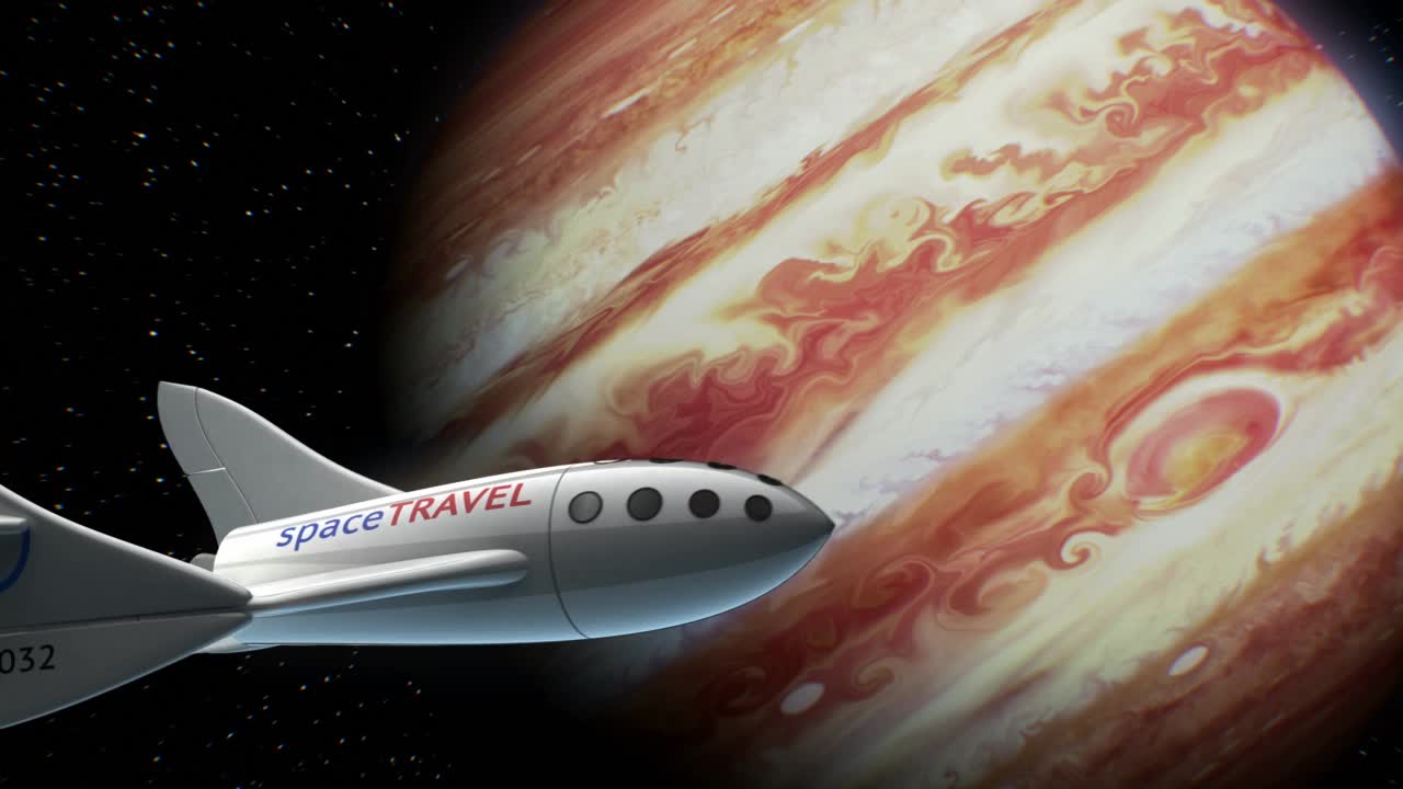 虚构的木星轨道上的太空飞机，太空旅游飞船的概念，3d动画。行星的纹理是在图形编辑器中创建的，没有照片和其他图像。视频下载