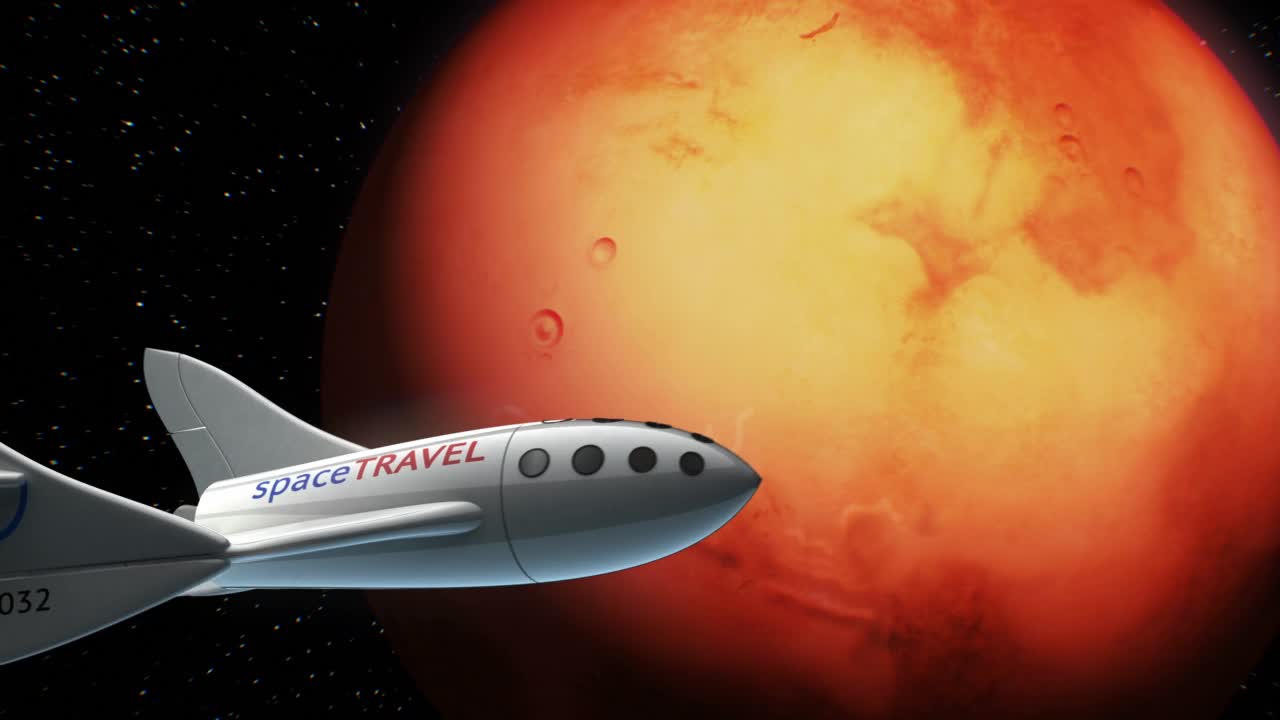 虚构的火星轨道上的太空飞机，太空旅游飞船的概念，3d动画。行星的纹理是在图形编辑器中创建的，没有照片和其他图像。视频下载
