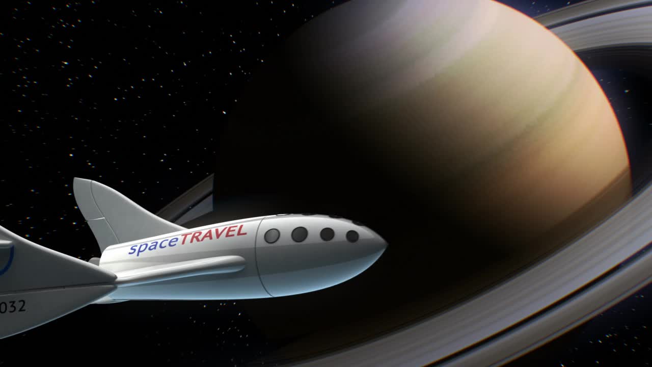 虚构的土星轨道上的太空飞机，太空旅游飞船的概念，3d动画。行星的纹理是在图形编辑器中创建的，没有照片和其他图像。视频下载