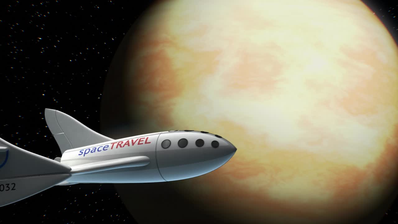 虚构的金星轨道上的太空飞机，太空旅游飞船的概念，3d动画。行星的纹理是在图形编辑器中创建的，没有照片和其他图像。视频下载