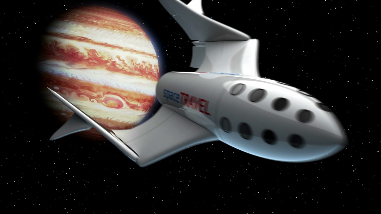 虚构的太空飞机从木星返回。太空旅游飞船的概念。3 d动画。行星的纹理是在图形编辑器中创建的，没有照片和其他图像。视频下载
