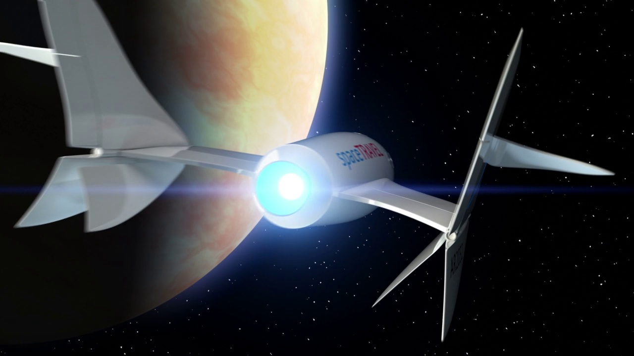 金星在背景上。虚构的太空飞机飞过行星。太空旅游飞船的概念。3 d动画。行星的纹理是在图形编辑器中创建的，没有照片和其他图像。视频下载