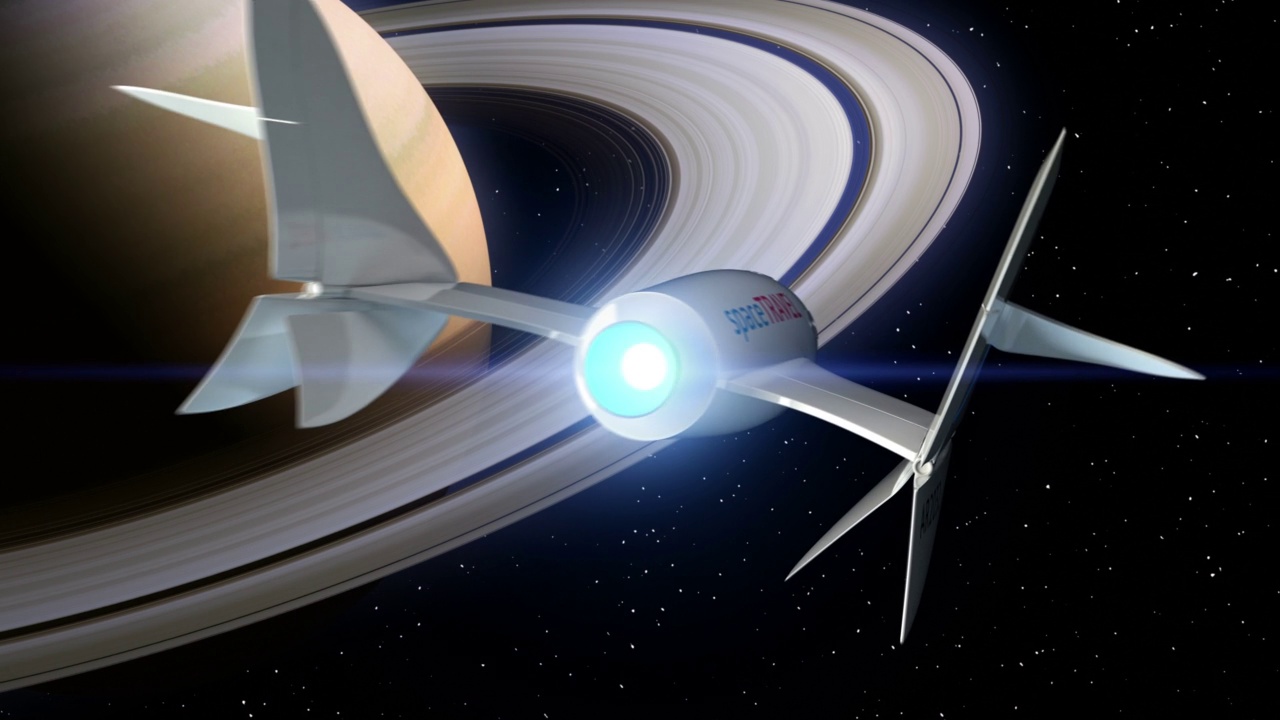 土星在背景上。虚构的太空飞机飞过行星。太空旅游飞船的概念。3 d动画。行星的纹理是在图形编辑器中创建的，没有照片和其他图像。视频素材