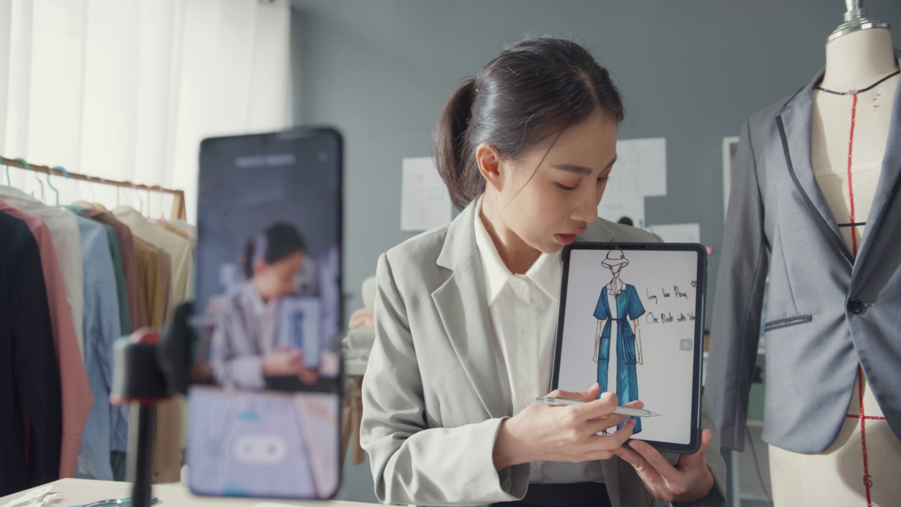 专业开朗的亚洲女商人设计师坐在桌子上看智能手机在线会议分享想法教程新服装系列在素描本上的数字平板电脑在工作室工作场所。视频下载