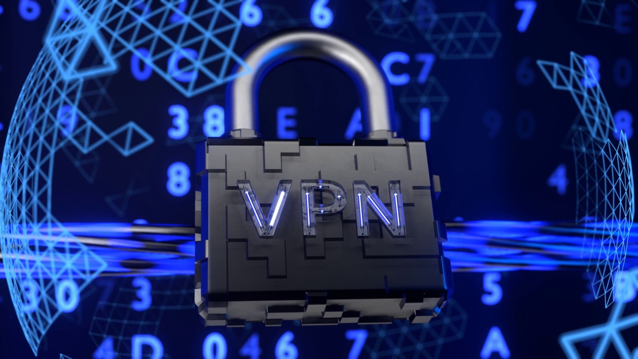 旋转相机周围的挂锁与题字vpn。VPN的概念。视频下载