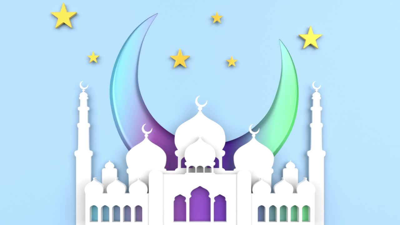 斋月卡里姆贺卡与剪纸清真寺新月和星星在蓝色背景4K分辨率视频素材