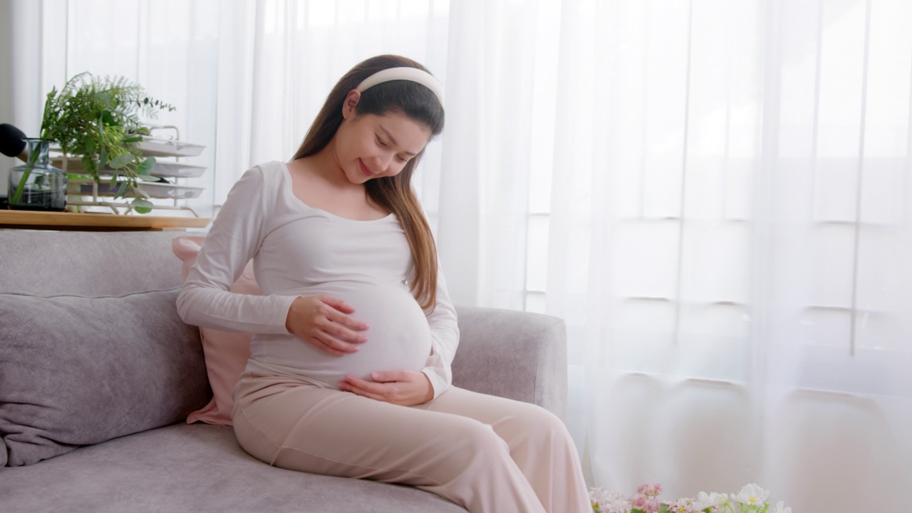 成年孕妇微笑着抚摸自己的肚子在家里视频下载