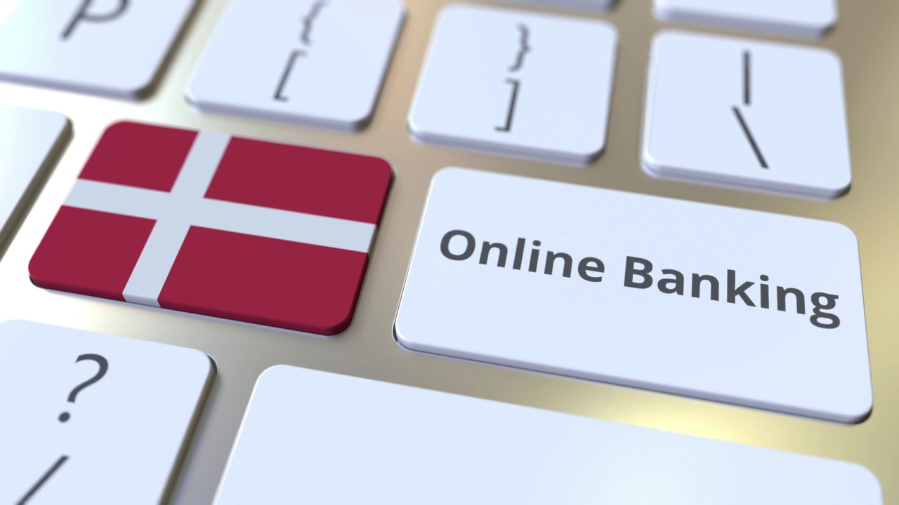 网上银行文本和丹麦国旗在键盘上。互联网金融相关概念3D动画视频下载