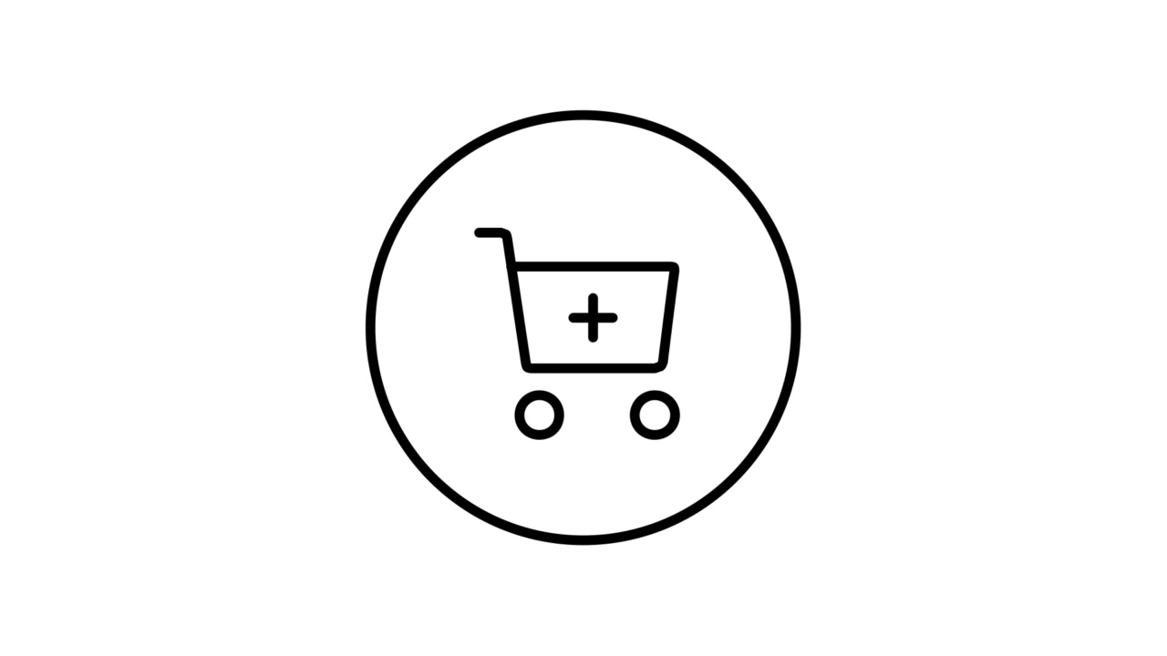 购物车内添加线条图标圆圈，购物车加号，黑色轮廓，线条图标动画。视频素材