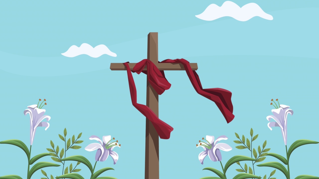 木制的基督十字架与鲜花花园视频素材
