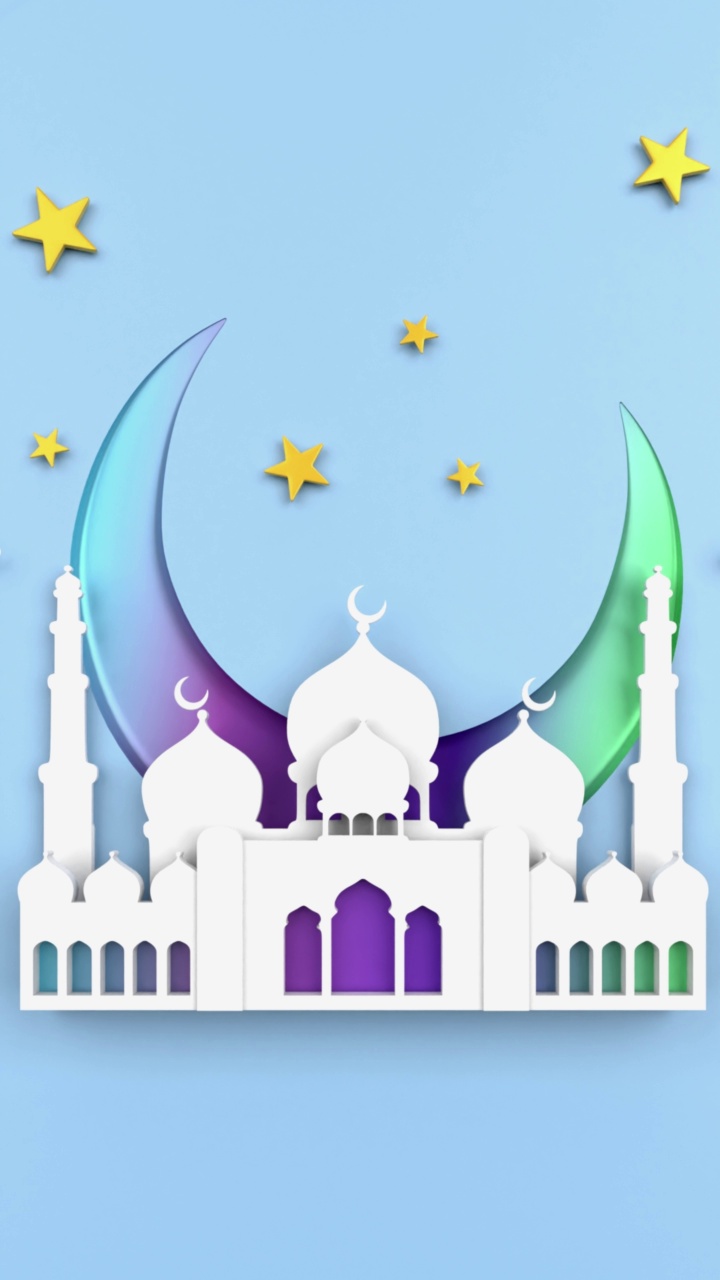 垂直的斋月卡里姆贺卡与剪纸清真寺新月和星星在蓝色背景4K分辨率视频素材