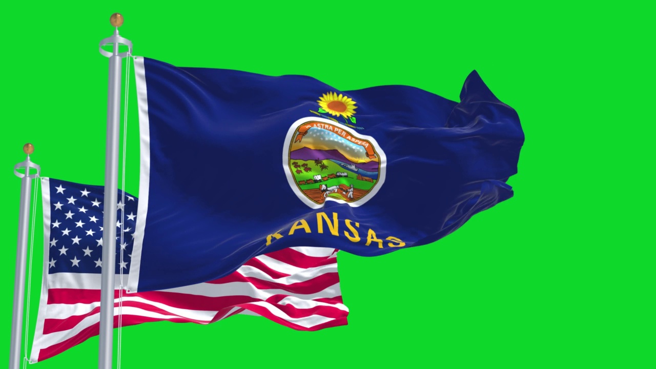 堪萨斯州的州旗与美国国旗一起飘扬在绿色背景上视频下载