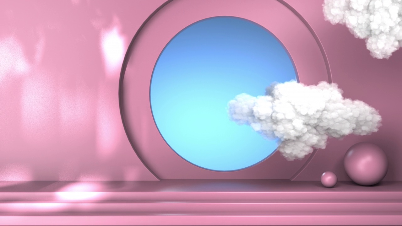 抽象的三维可视化建筑与圆形窗口和飞行的云。极简主义风格的3D创意。视频下载