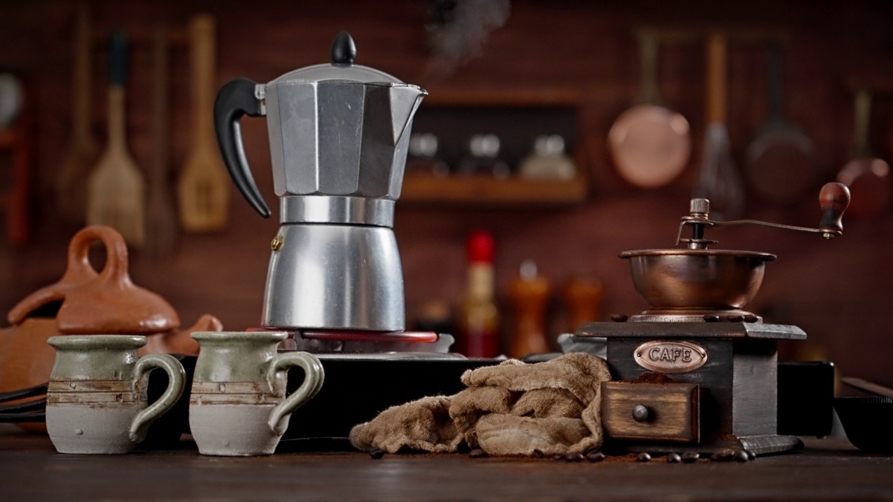 用间歇式咖啡机煮咖啡的过程。视频下载
