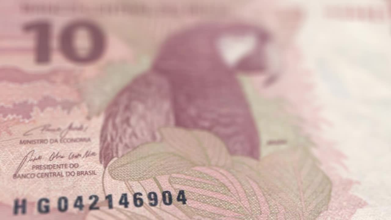巴西10雷亚尔纸币观察和储备面跟踪多莉拍摄10巴西雷亚尔纸币当前10雷亚尔纸币4k分辨率股票视频-巴西货币货币背景金融通货膨胀视频下载