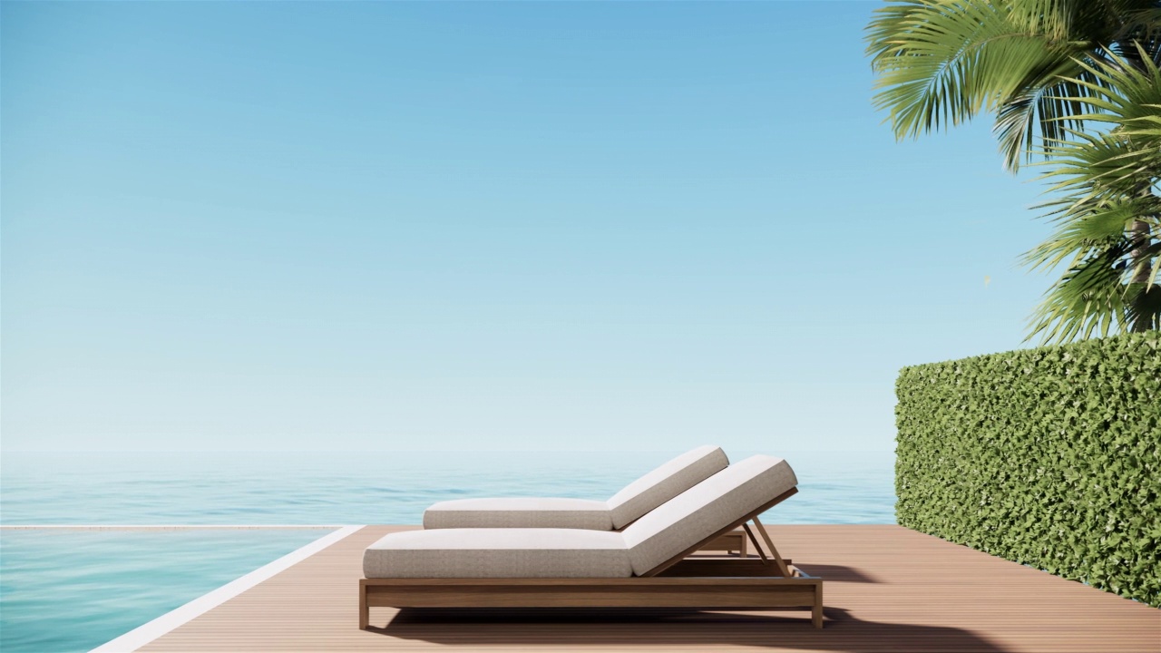 现代豪华海滩别墅，现代设计的海景游泳池和露台，视频超高清4K 3840x2160, 3d动画平移视频下载