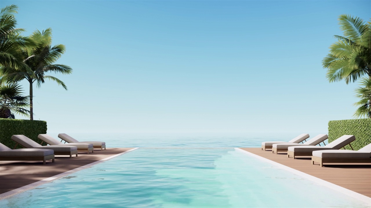 现代豪华海滩别墅，现代设计的海景游泳池和露台，木地板躺椅，视频超高清4K 3840x2160, 3d动画缩放视频下载