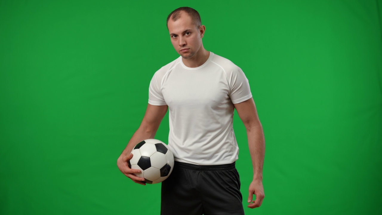 年轻专注的运动员捕捉足球与腿在chromakey背景和看相机。严肃的职业白人足球运动员的肖像在绿色屏幕上摆出慢动作。视频下载