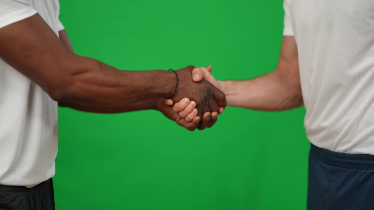 不知名的白人和非裔美国运动员握手离开绿幕。近距离握手自信满意的男人在chromakey背景。运动模板。视频下载