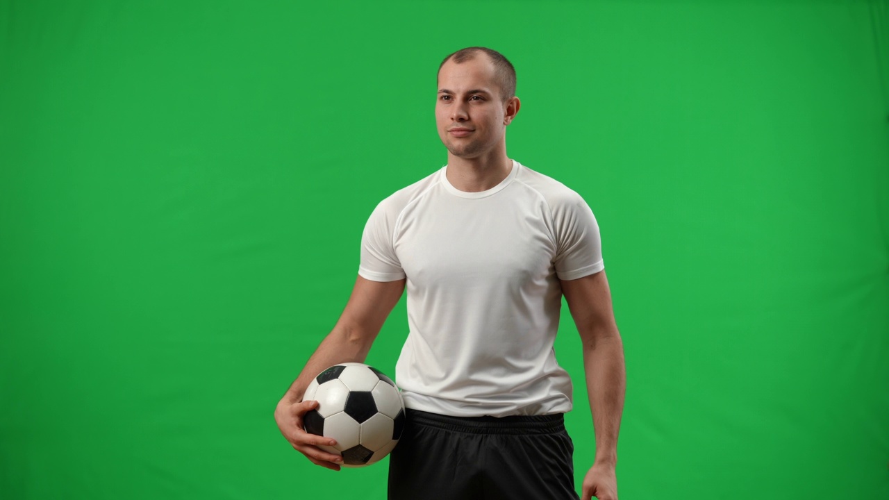 年轻的足球运动员站在绿色的大屏幕上，微笑着从头到脚传球。自信满意的白人男子肖像在chromakey背景。运动和信心。视频素材