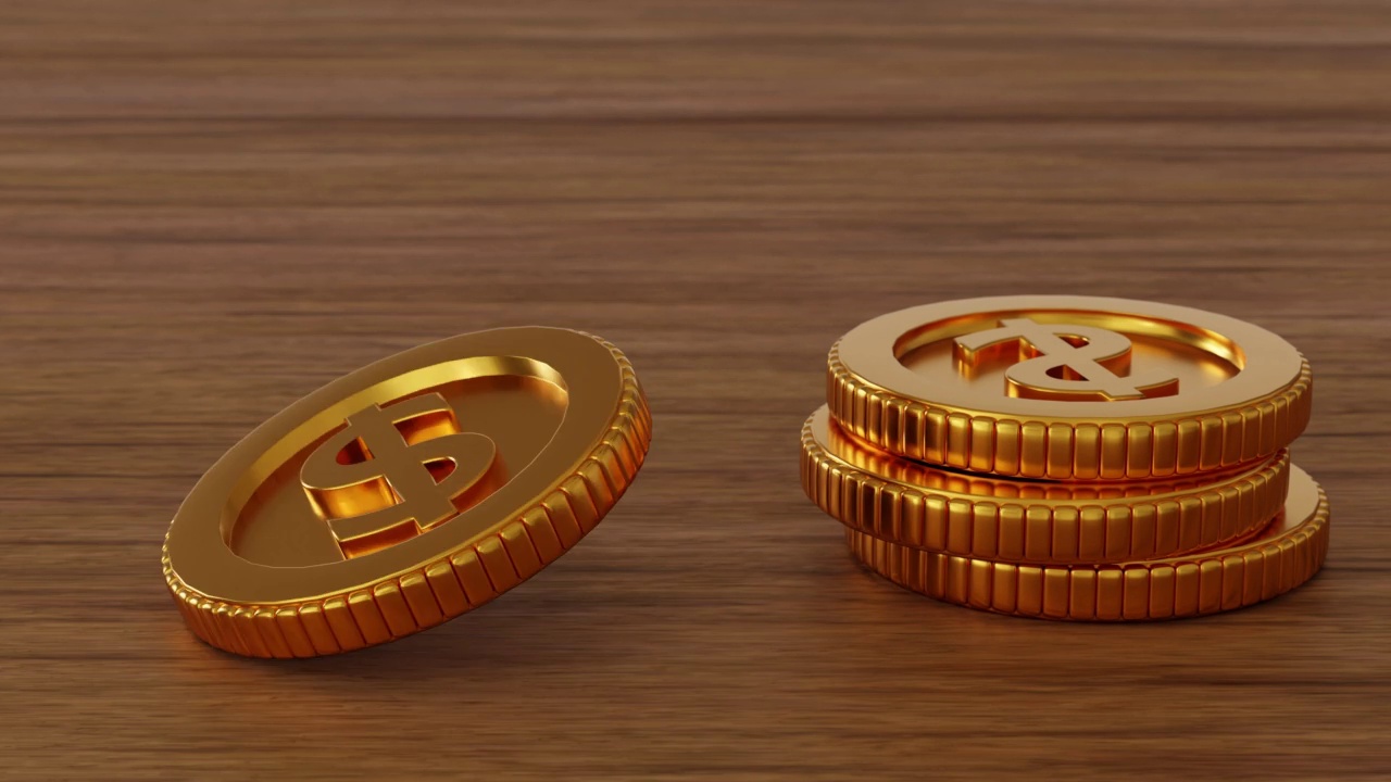 金币落在木桌上，金钱概念，3D渲染。视频下载