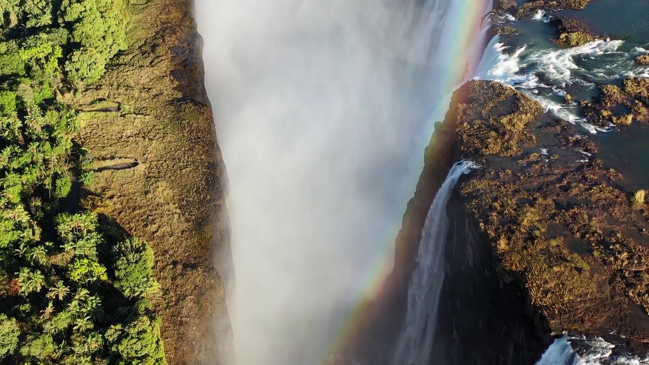 在赞比亚和津巴布韦之间的维多利亚瀑布和彩虹的无人机视图视频素材