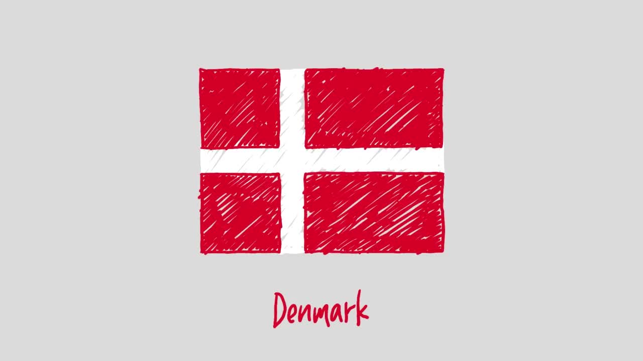 丹麦国旗标记白板或铅笔彩色素描循环动画视频下载
