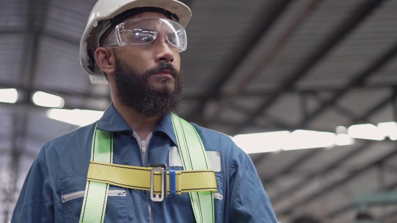 男工程师或技术工人穿着安全制服，戴着防护眼镜在工业工厂里行走。在建筑工地工作的自信机械师视频素材