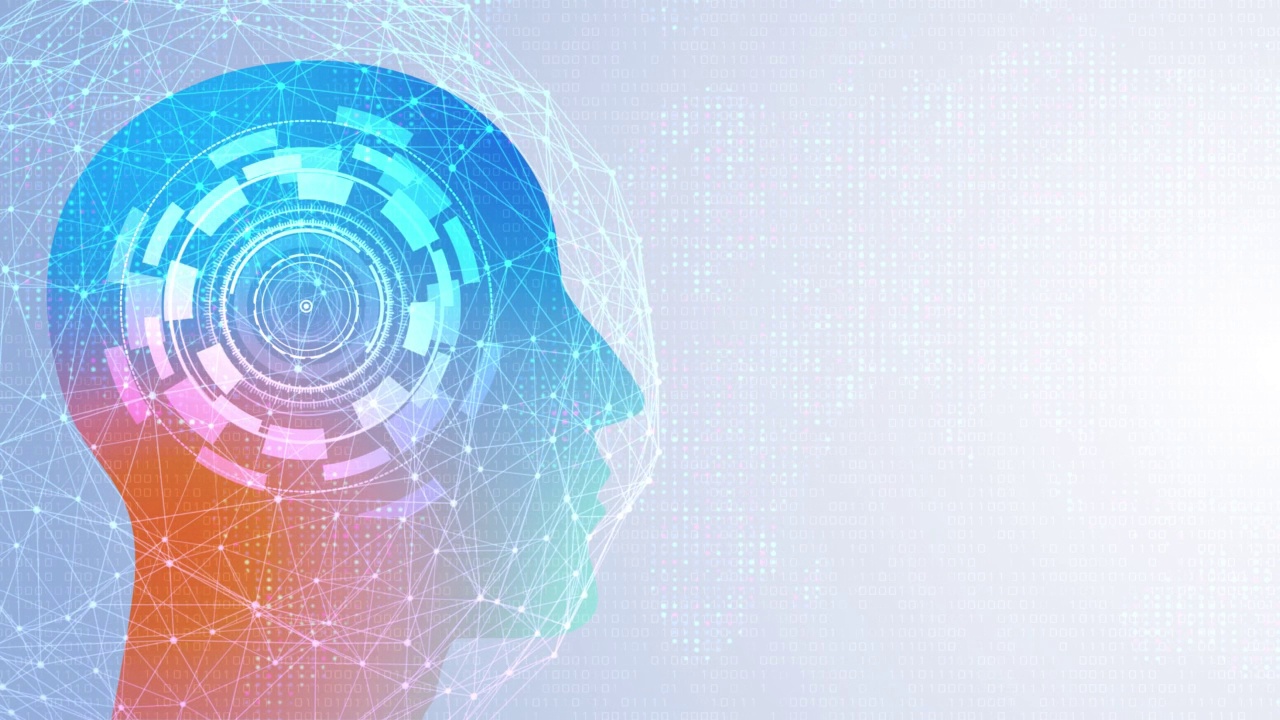 未来人工智能技术机器学习，人脸轮廓电路板和二进制数据流的蓝色环背景。视频素材