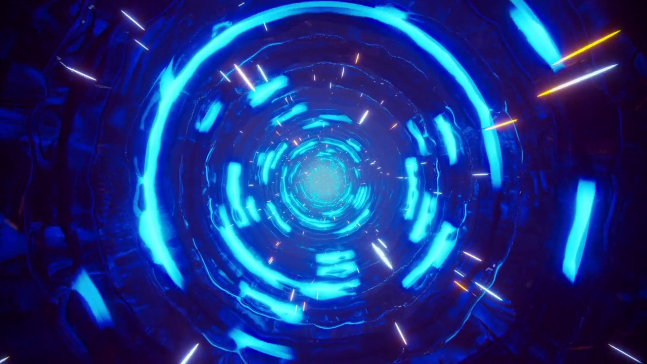 穿越蓝色霓虹灯闪烁的梦幻隧道。无限循环的动画。视频素材