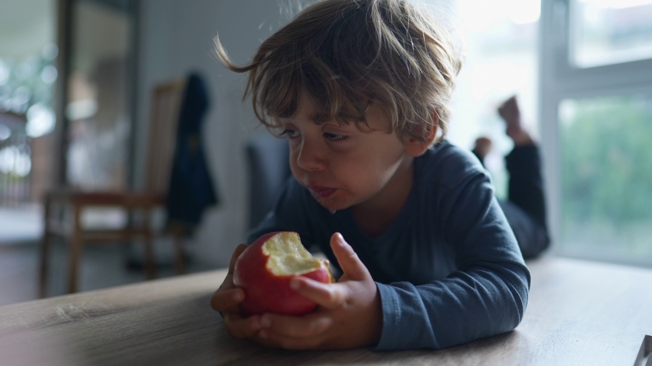 小男孩吃苹果水果，孩子吃健康的零食视频下载