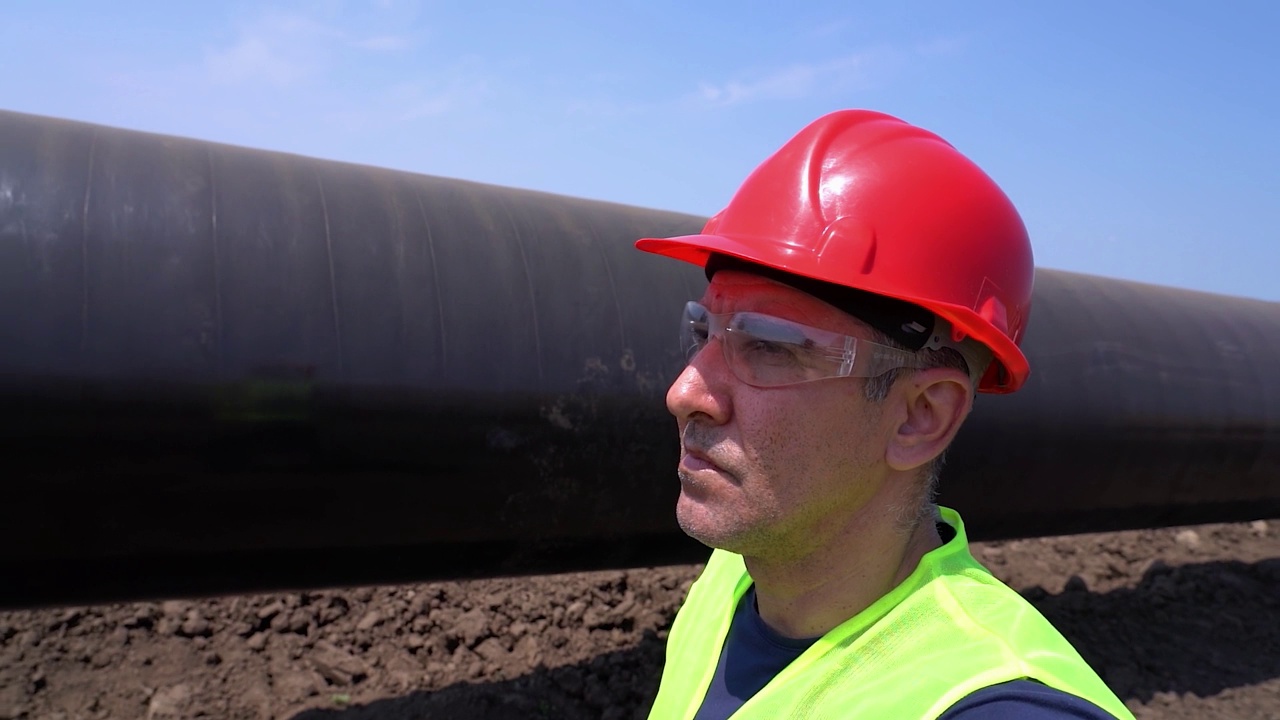 特写镜头的施工工头在红色Hardhat走在天然气管道施工现场-慢动作视频下载
