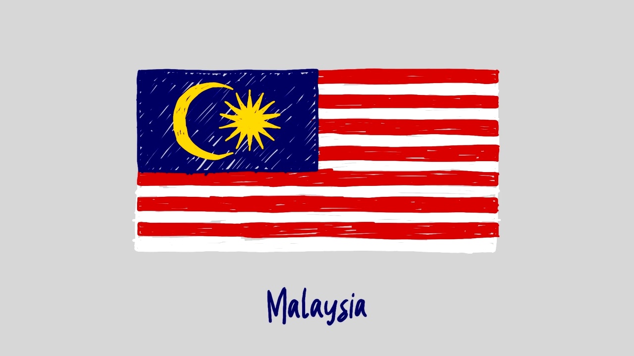 马来西亚国旗标记白板或铅笔彩色素描循环动画视频素材