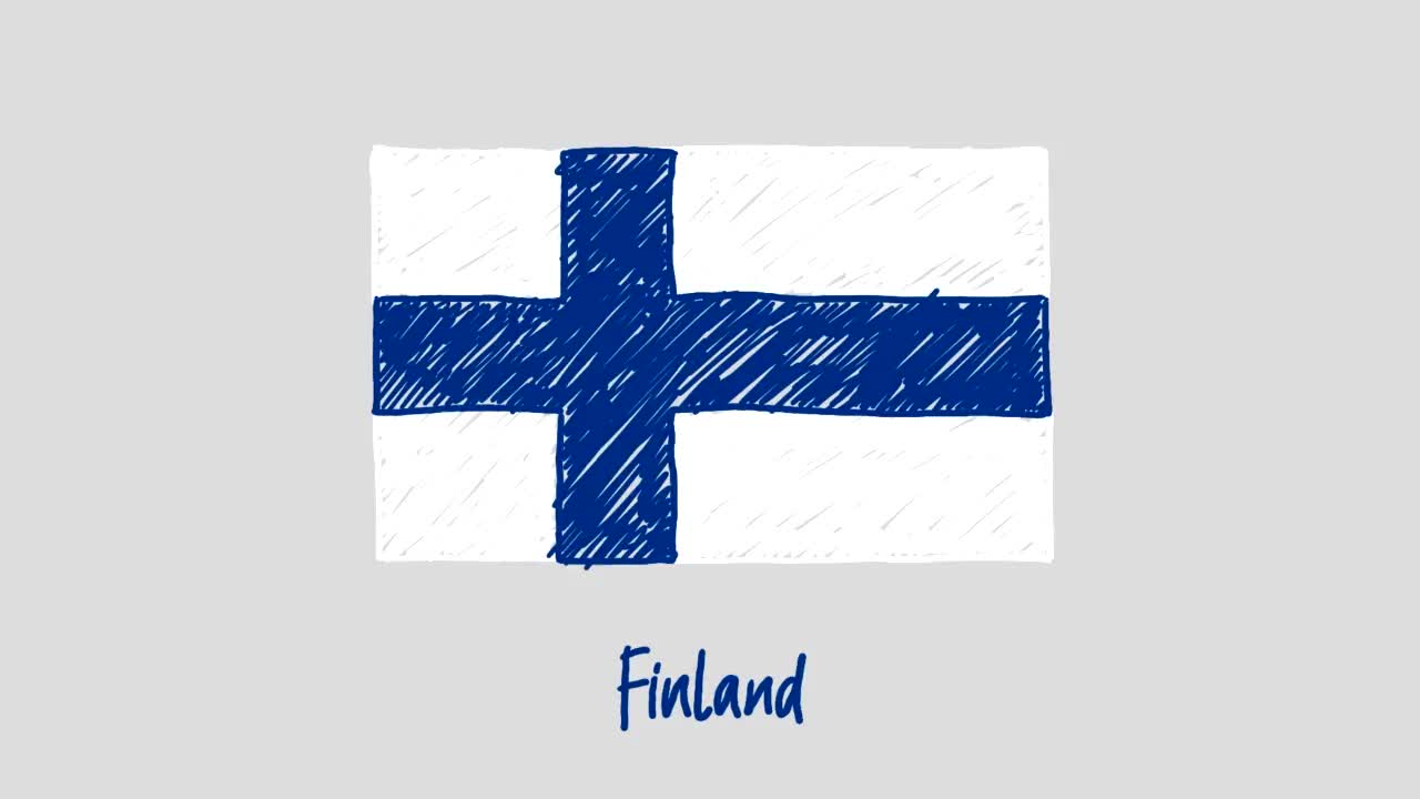 芬兰国旗标记白板或铅笔彩色素描循环动画视频下载