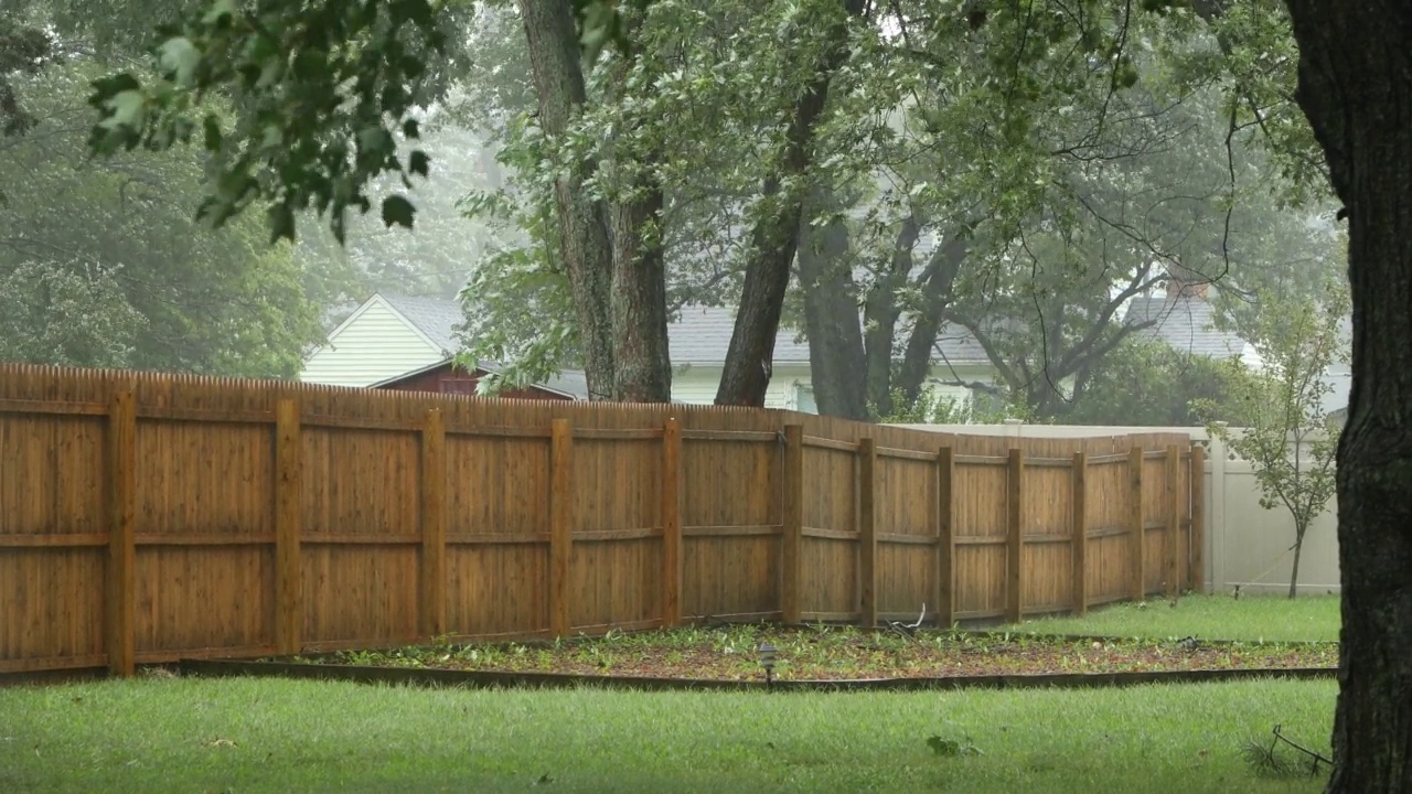 温和的飓风雨在郊区的院子-水平视频素材