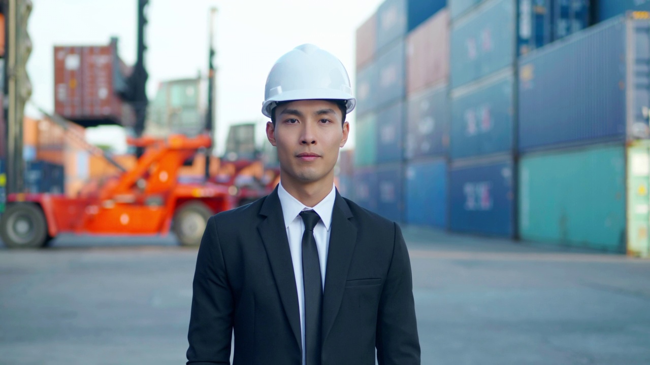 微笑的中国商人的肖像29岁看着相机信心在商业运输背景。视频素材