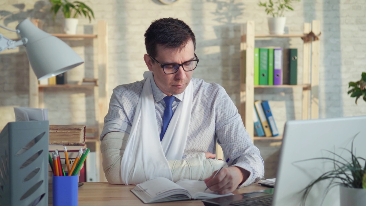 一名男子办公室工作人员的肖像戴着眼镜，在工作场所骨折的手臂视频素材