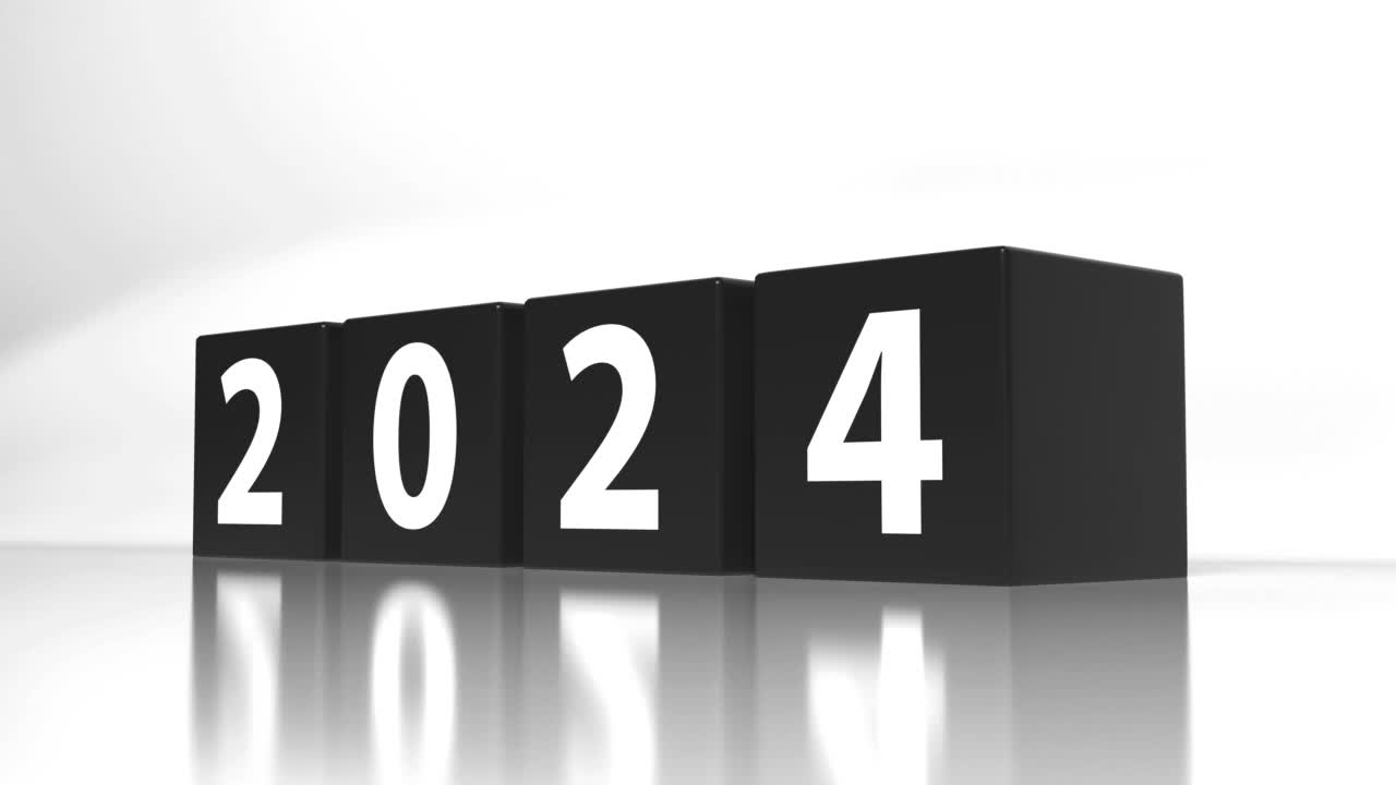 2024年变为2025年。带有数字的黑色立方体的侧视图视频下载