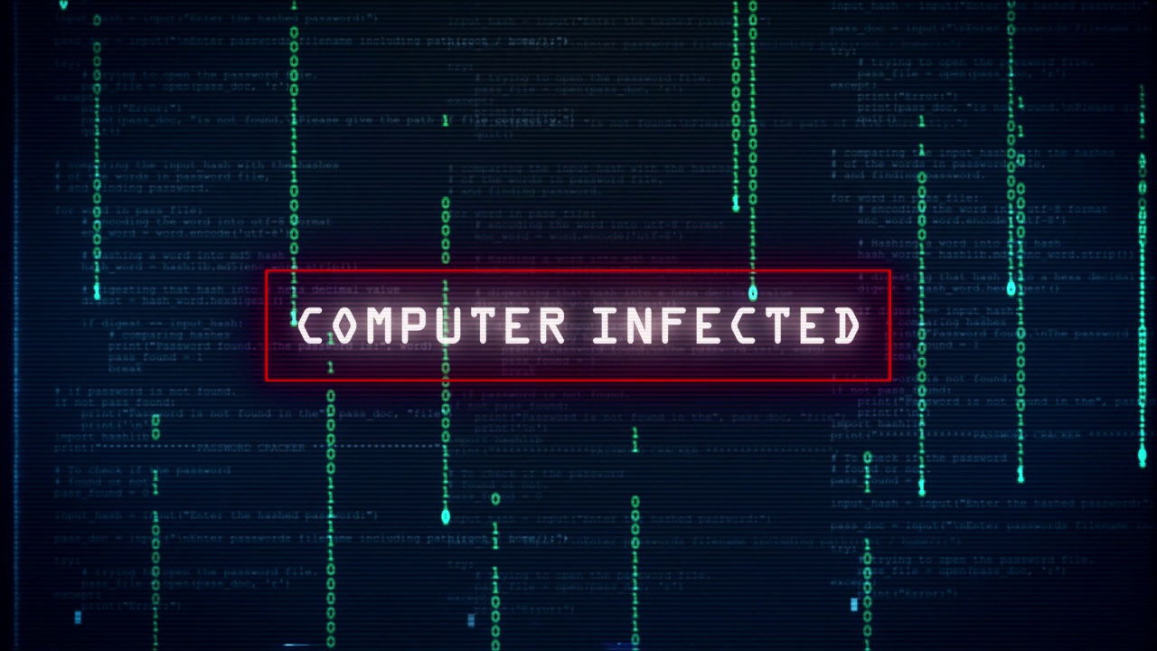 计算机受感染的通知错误消息，带有小故障文本和噪声背景效果视频素材