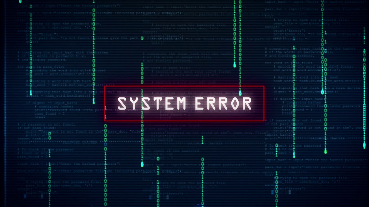 系统错误警报消息在计算机二进制程序和黑客故障的背景视频素材