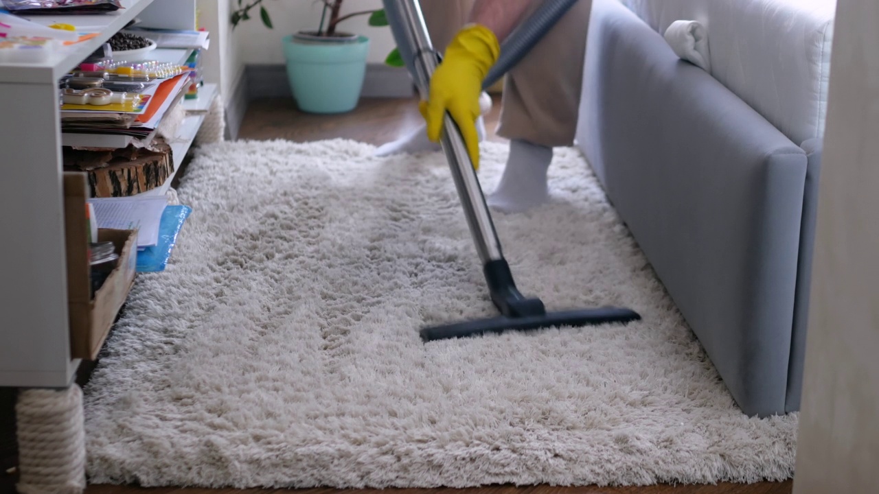 一个男人在公寓里用吸尘器吸羊毛地毯。打扫公寓房间。用吸尘器清理地毯。视频素材