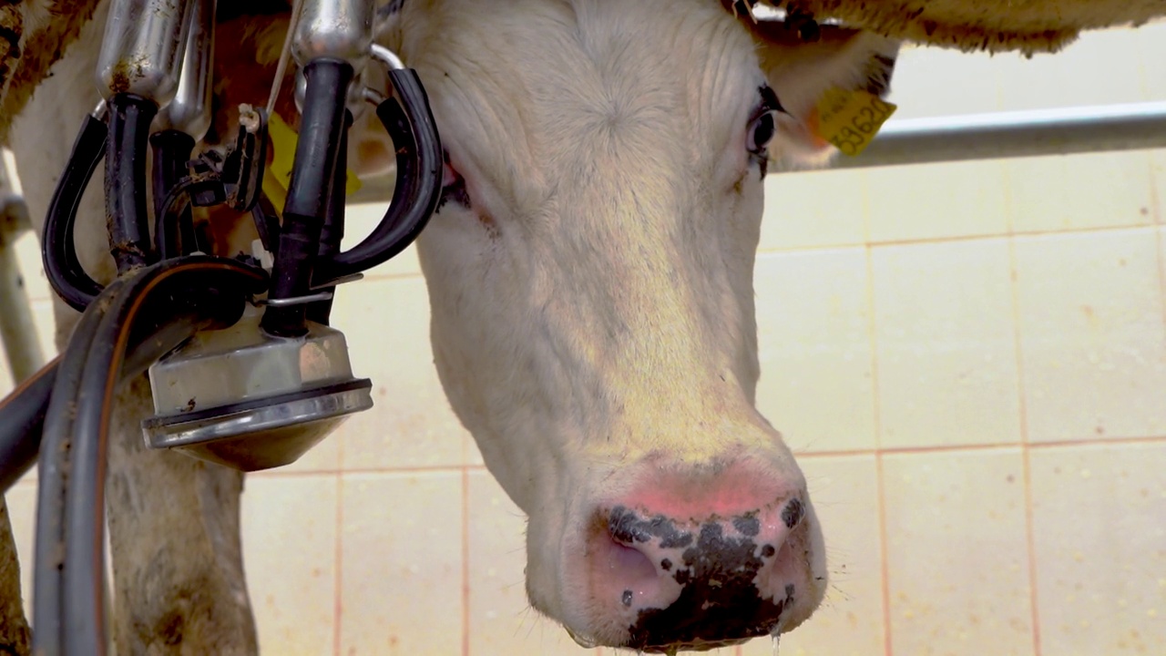 在农场用机器挤牛奶。由电脑控制的自动挤奶机。工业生产牛奶。牛在围栏里视频素材