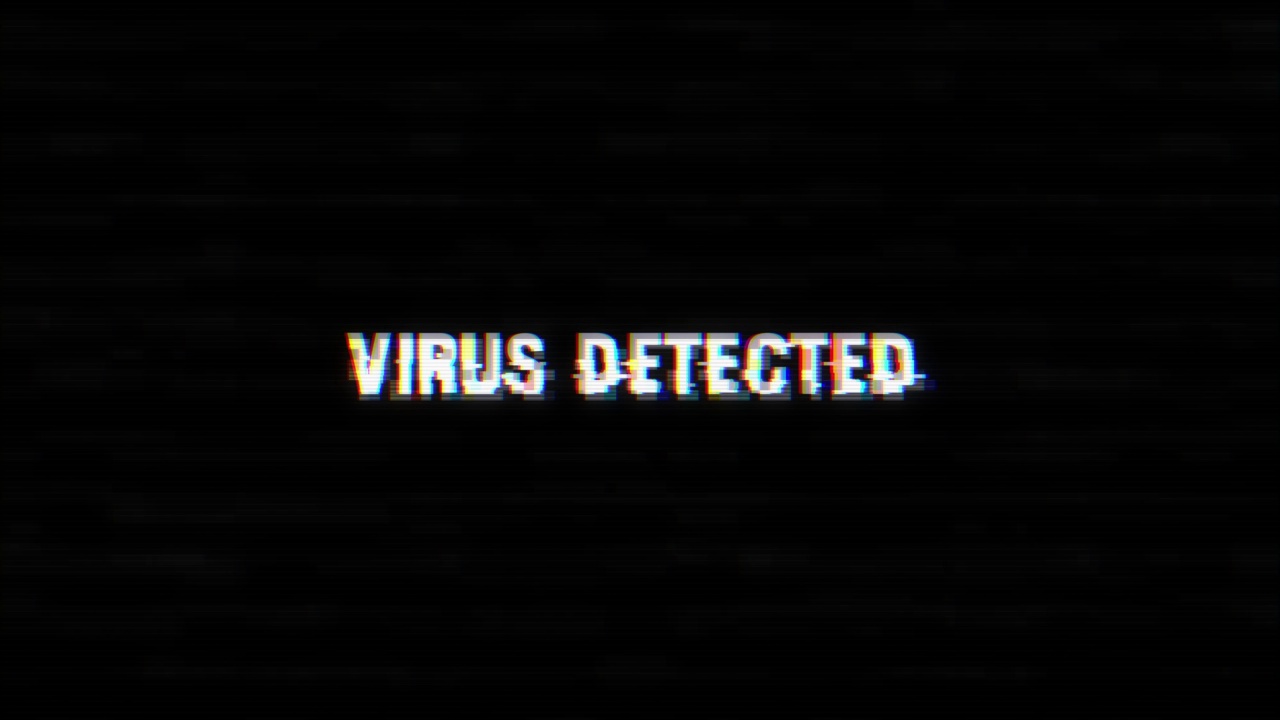 病毒检测警告警告二进制计算机代码，计算机感染病毒的小故障和噪声背景效应视频素材