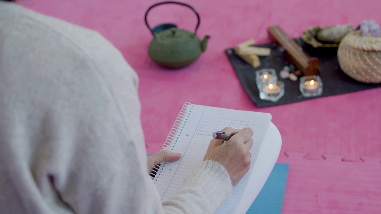 女人坐在地板上，冥想时写日记视频素材