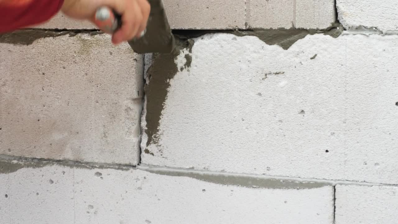 建筑工人用抹刀工作。一个男人用水泥砌块视频素材