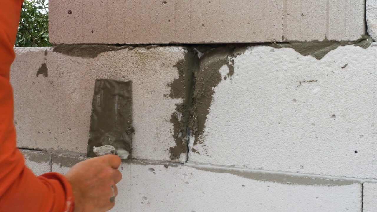 建筑工人用抹刀工作。一个男人用水泥砌块。盖房子视频素材
